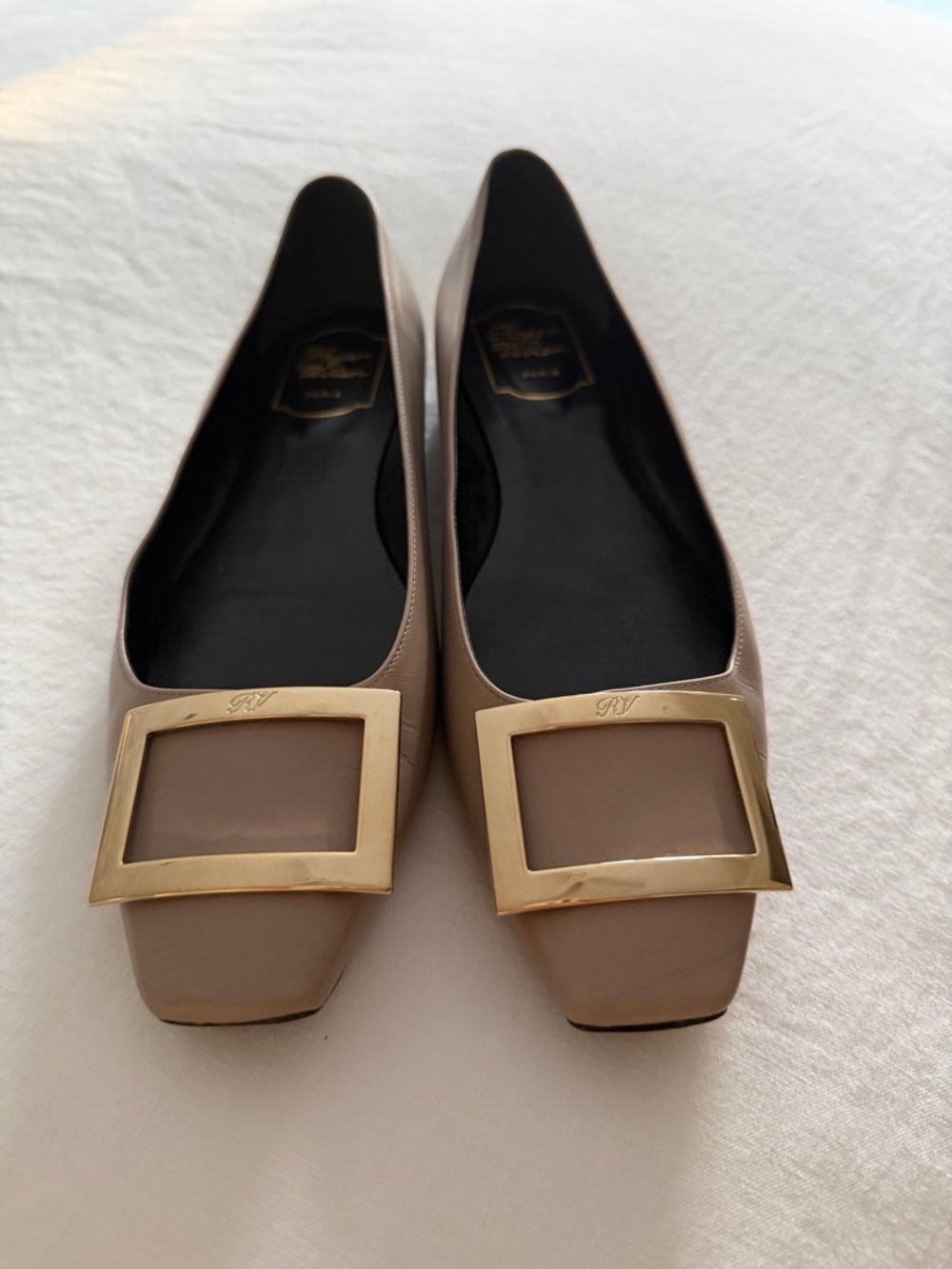 Roger Vivier Taupe Leather Flats with Gold Buckle